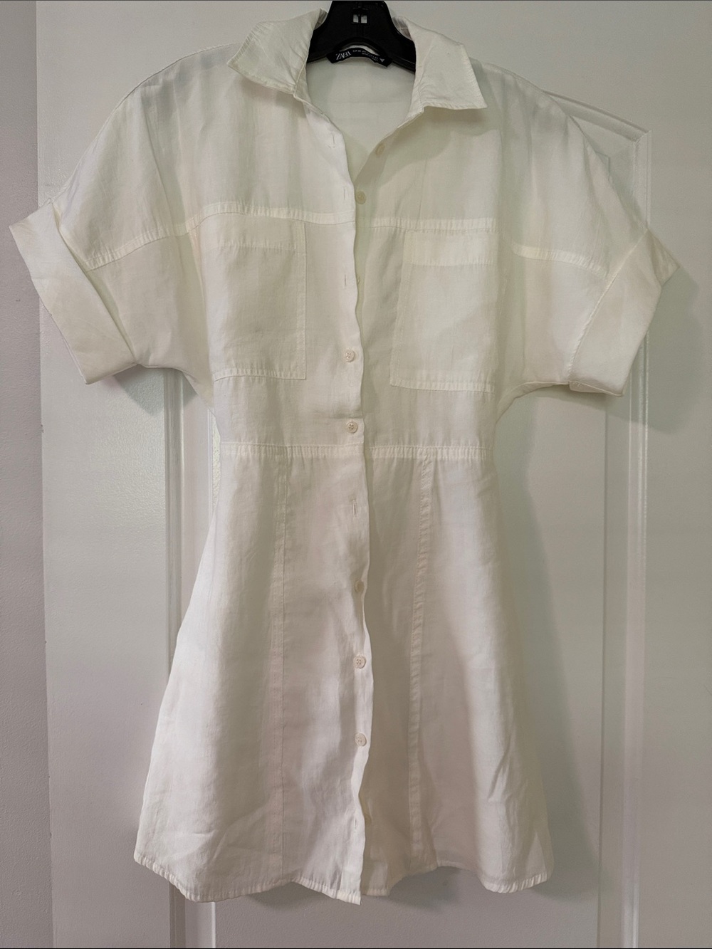 Zara White Short-Sleeve Button Front Mini Dress